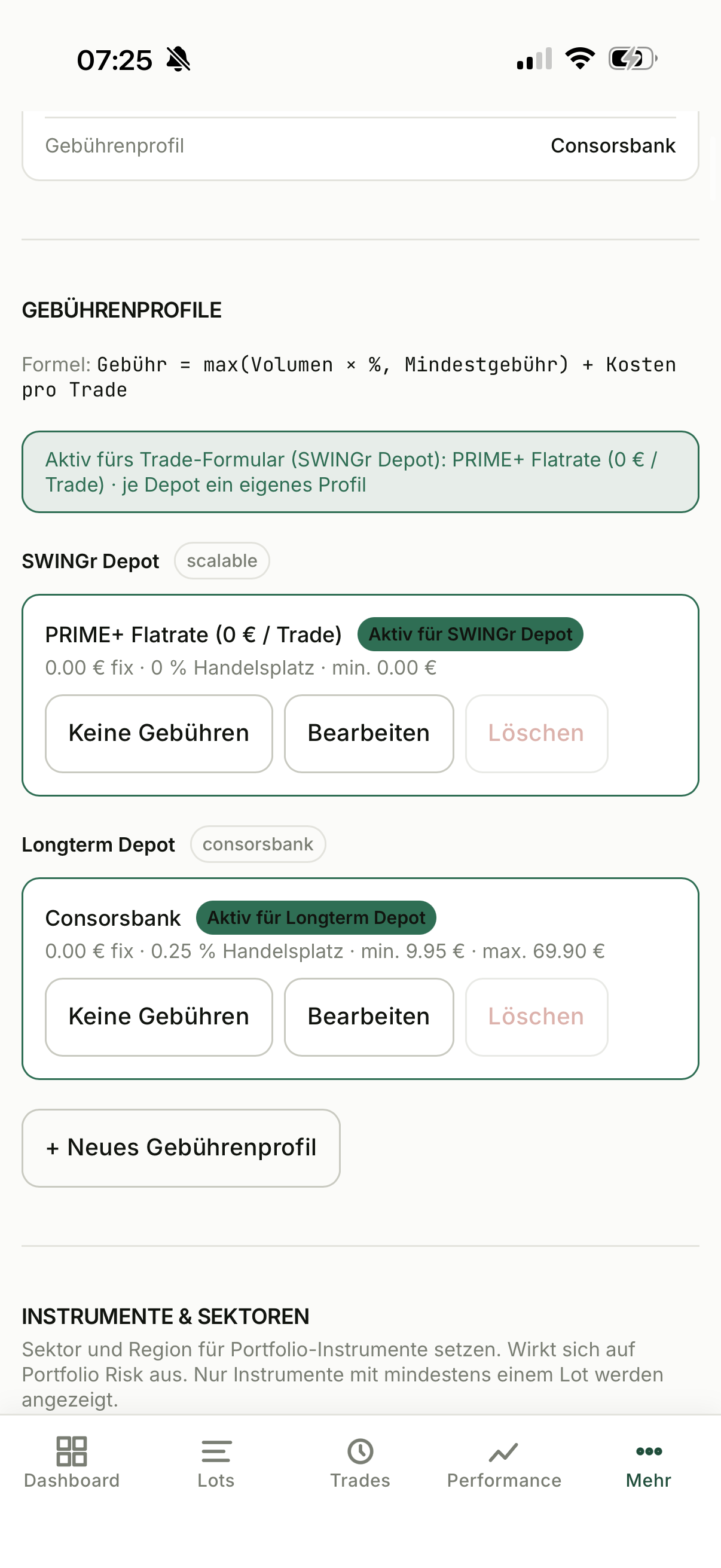 SWINGr-Einstellungen im Bereich Portfolio: Gebührenprofil mit Eingabefeldern für Grundgebühr, prozentuale Gebühr, Mindest- und Höchstgebühr, zugeordnet zu einem Depot