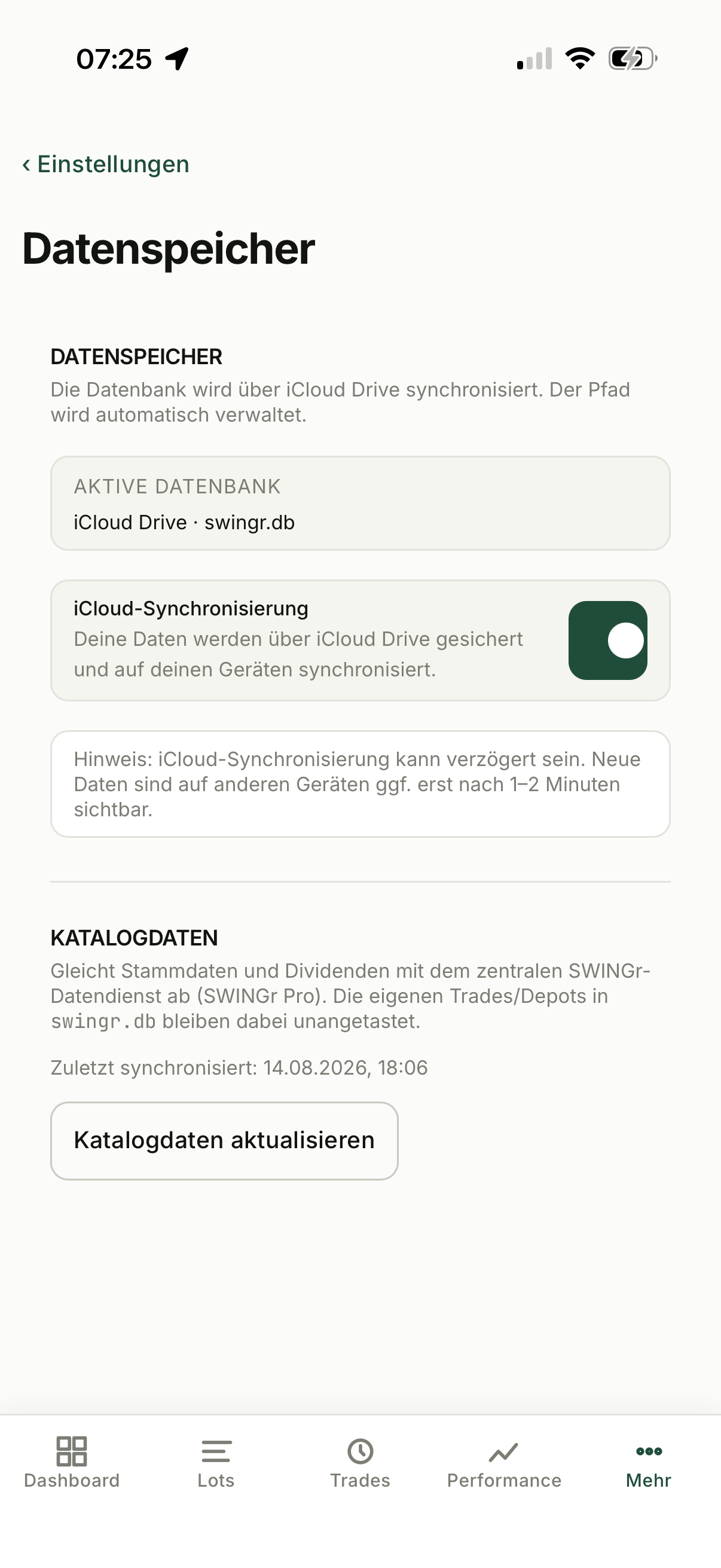 Einstellungen von SWINGr im Bereich Datenspeicher mit der aktiven Datenbank in iCloud Drive und dem Schalter für die Synchronisation