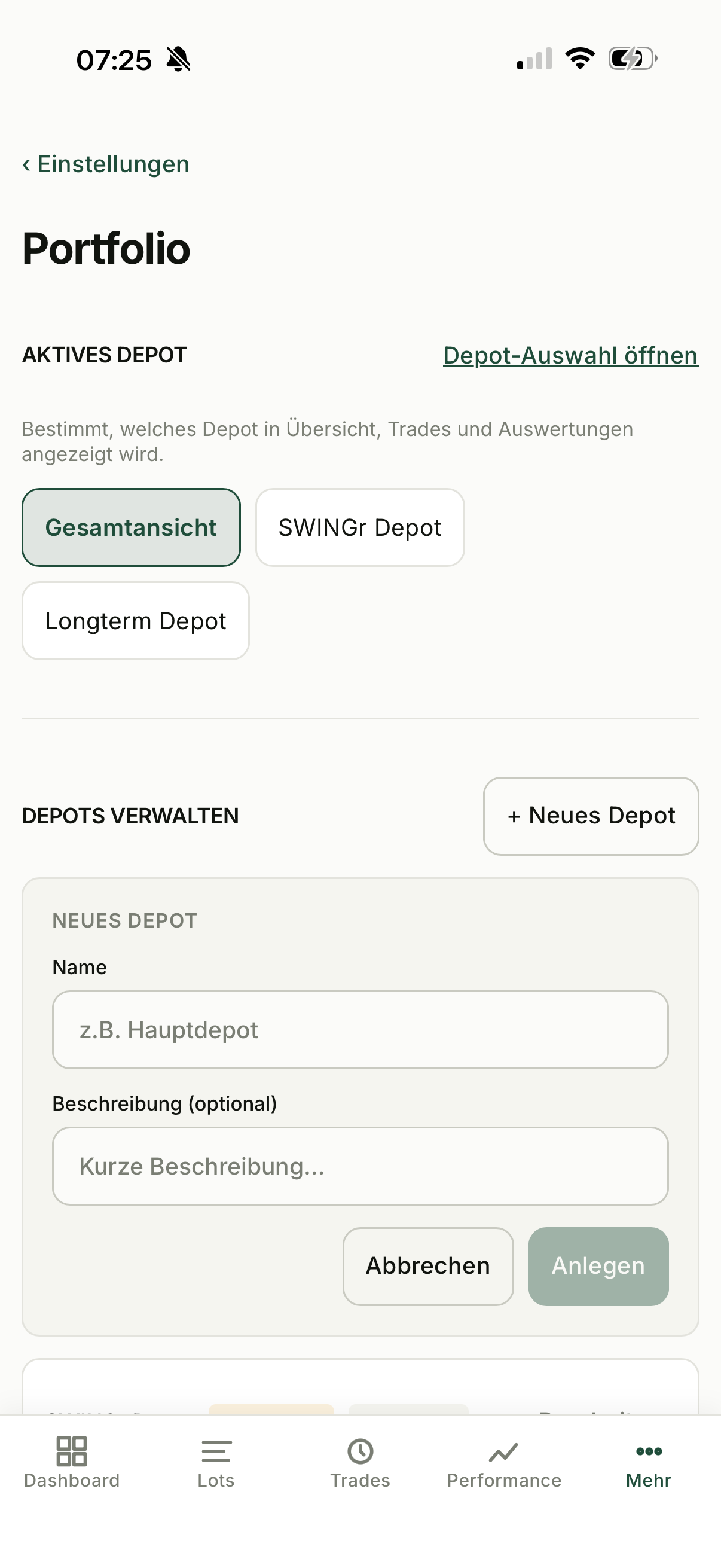Formular zum Anlegen eines neuen Depots in SWINGr mit Namensfeld und optionalem Beschreibungsfeld