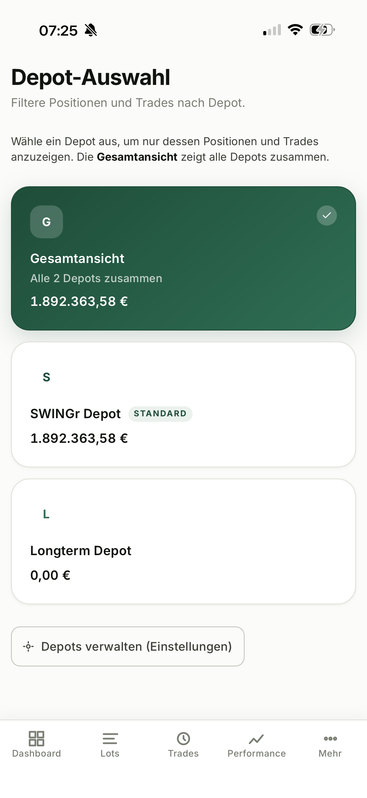 Depot-Auswahl in SWINGr mit aktiver Gesamtansicht und der Summe über alle Depots