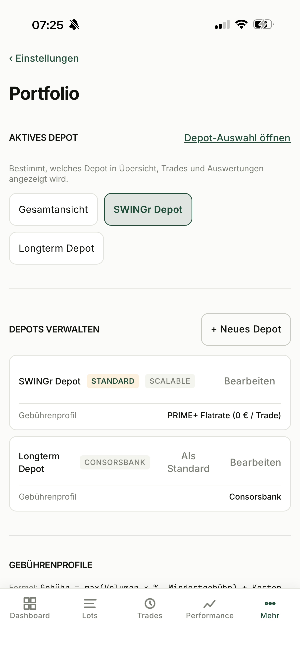 Abschnitt Depots verwalten in den SWINGr-Einstellungen mit allen Depots, ihrem hinterlegten Gebührenprofil und der Standard-Kennzeichnung