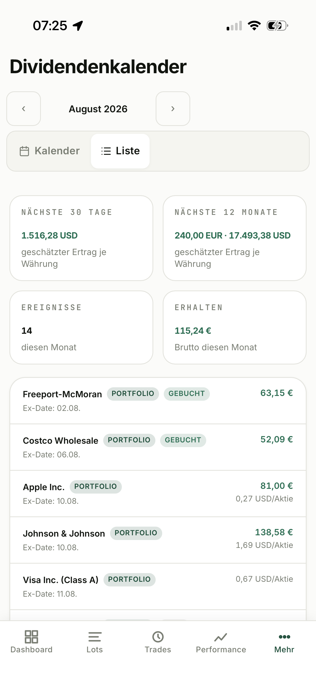 Listenansicht des Dividendenkalenders mit Ex-Datum, Betrag und Betrag je Aktie sowie den Kennzeichnungen Portfolio und Gebucht
