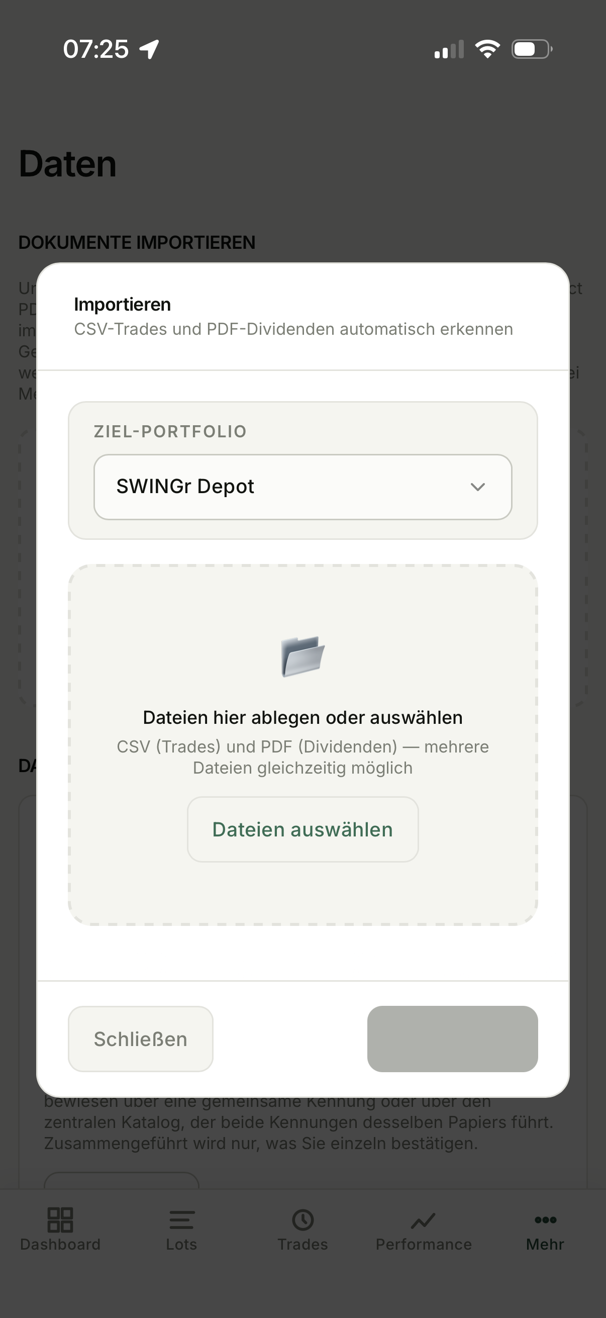 Import-Dialog von SWINGr mit Quellenauswahl: CSV-Datei, PDF-Bestätigung und manuell hinzufügen