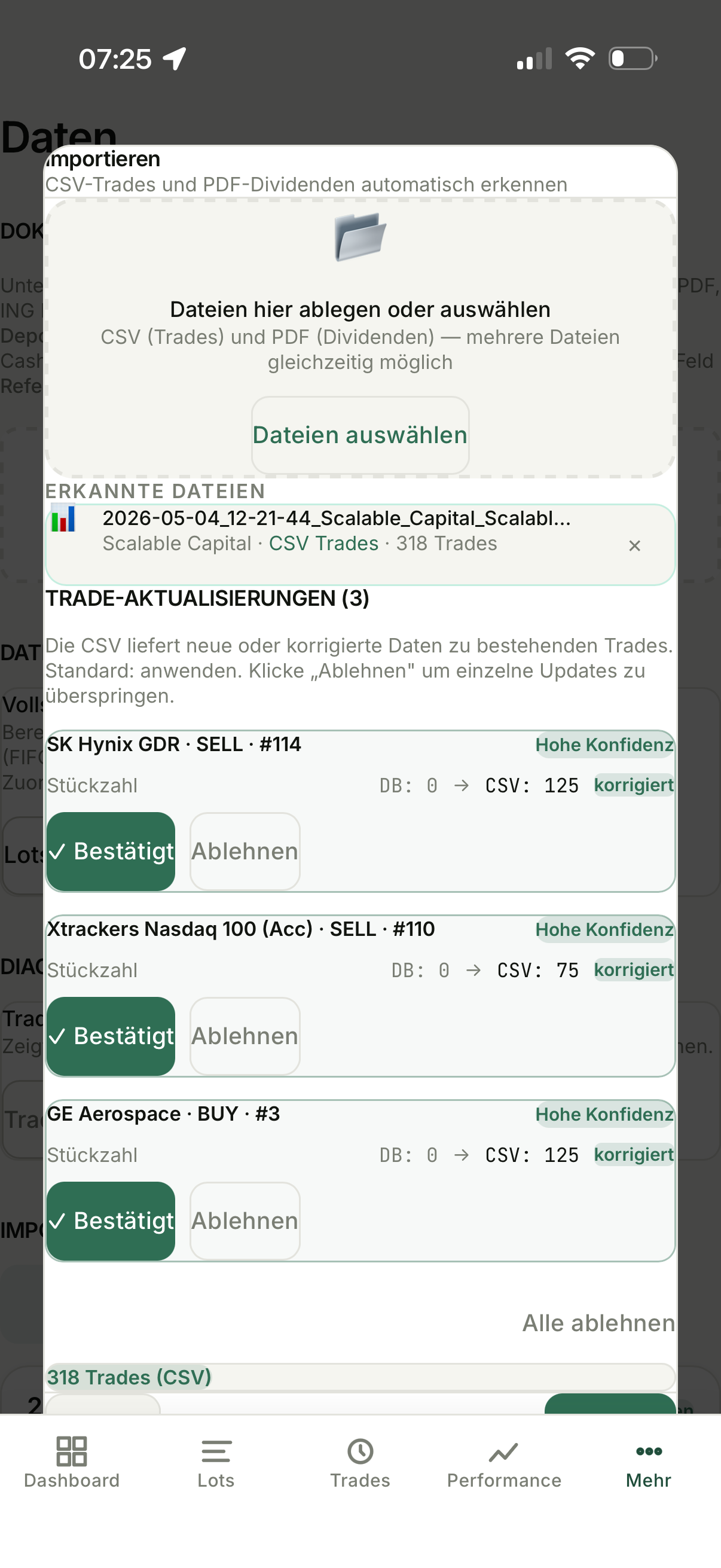 Import-Vorschläge in SWINGr mit Feldvergleich zwischen Datenbank und Broker-Datei sowie Konfidenz-Angabe