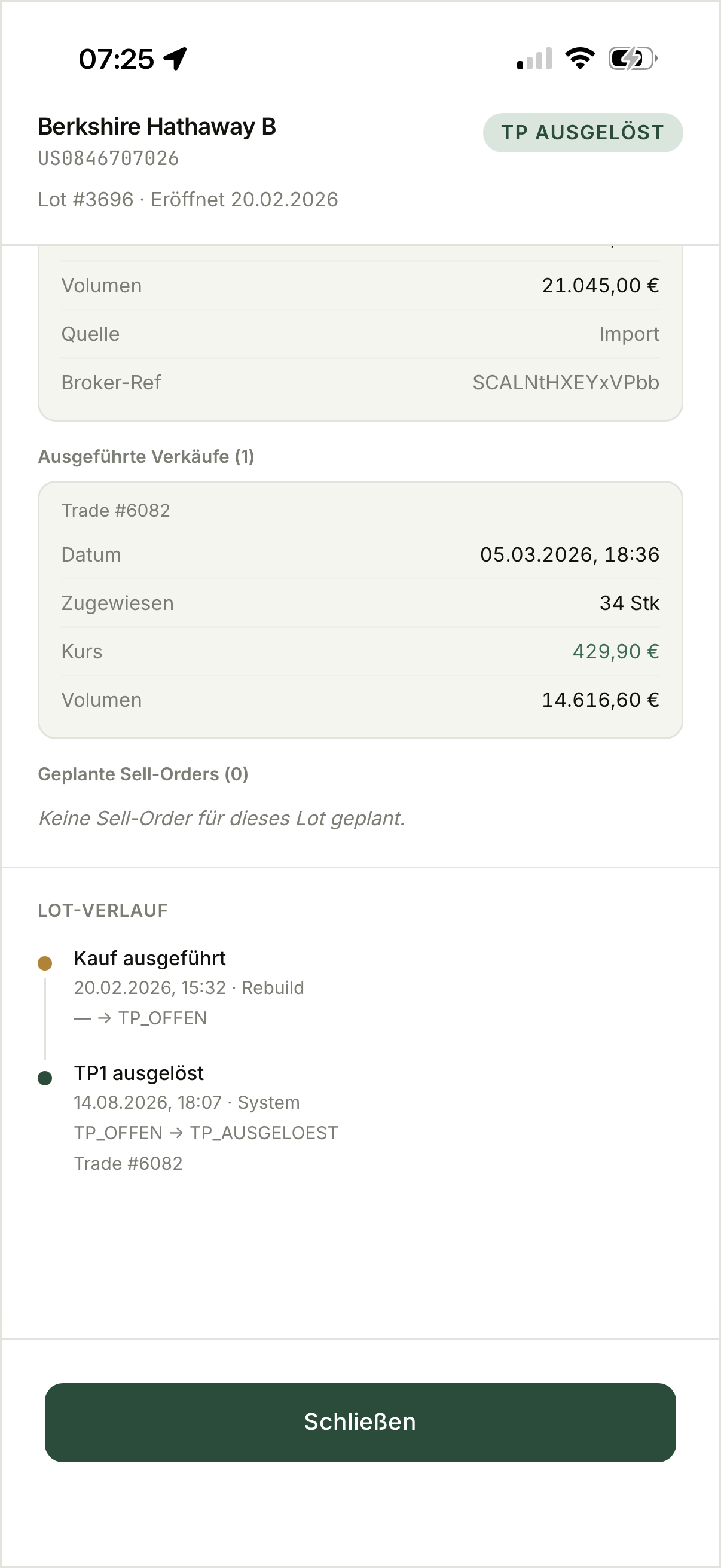 Status-Historie eines Lots in SWINGr mit den Zustandswechseln und ihren Zeitpunkten