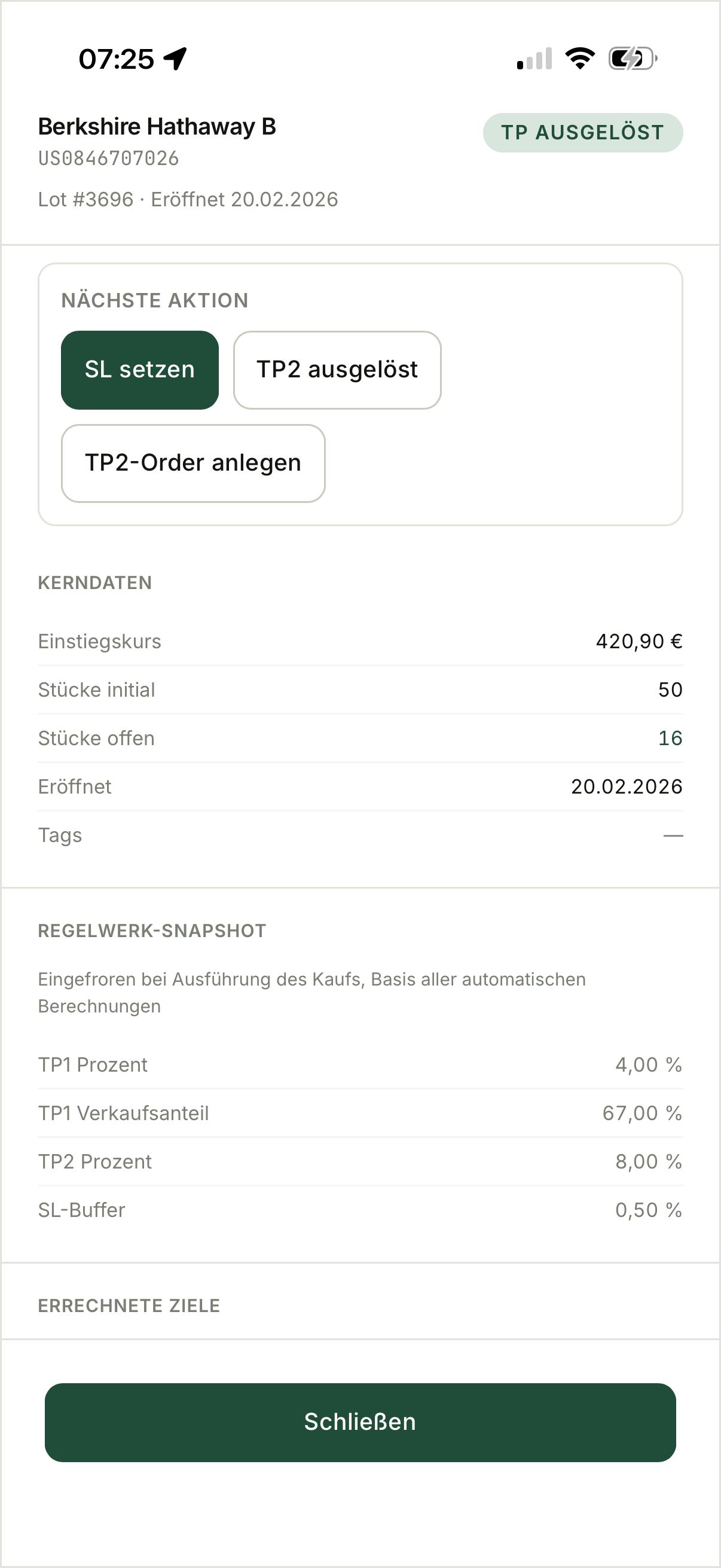 Das Lot-Detail in SWINGr: Status-Kennzeichnung des Lots, der Block Nächste Aktion mit den offenen Schritten, die Kerndaten des Lots und der bei der Ausführung eingefrorene Regelwerk-Snapshot