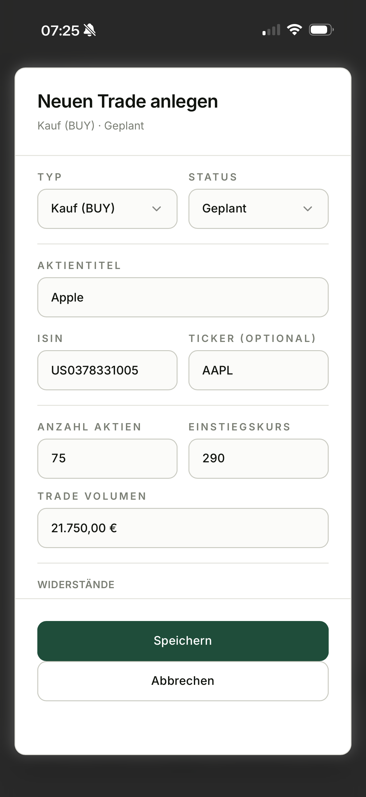 Das Formular Neuen Trade anlegen in SWINGr: Typ Kauf, Status Geplant, Aktientitel, Anzahl Aktien, Einstiegskurs und das daraus errechnete Trade-Volumen