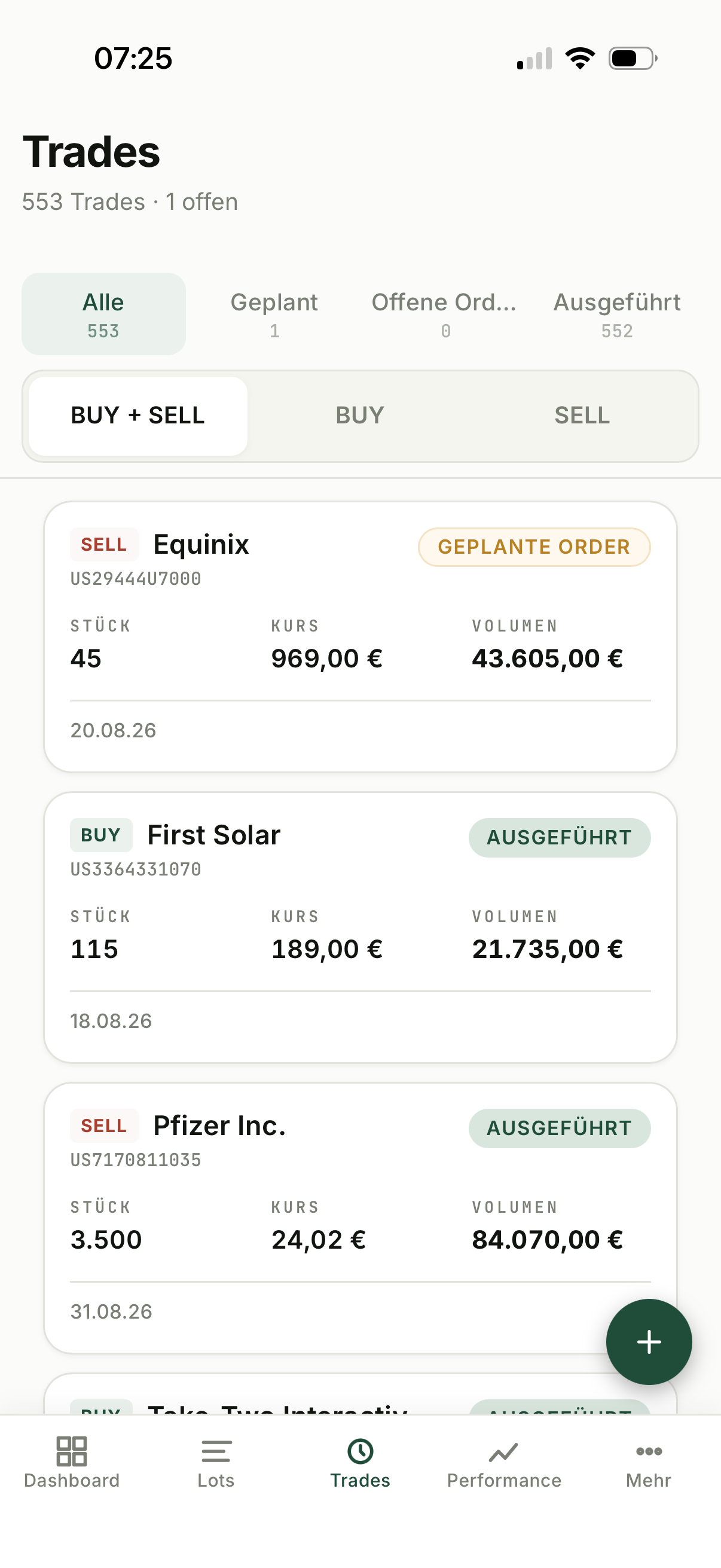 Die Trades-Liste in SWINGr mit Reitern für Geplant, Offene Orders und Ausgeführt sowie Karten, die je Trade Status, Stückzahl, Kurs und Volumen zeigen