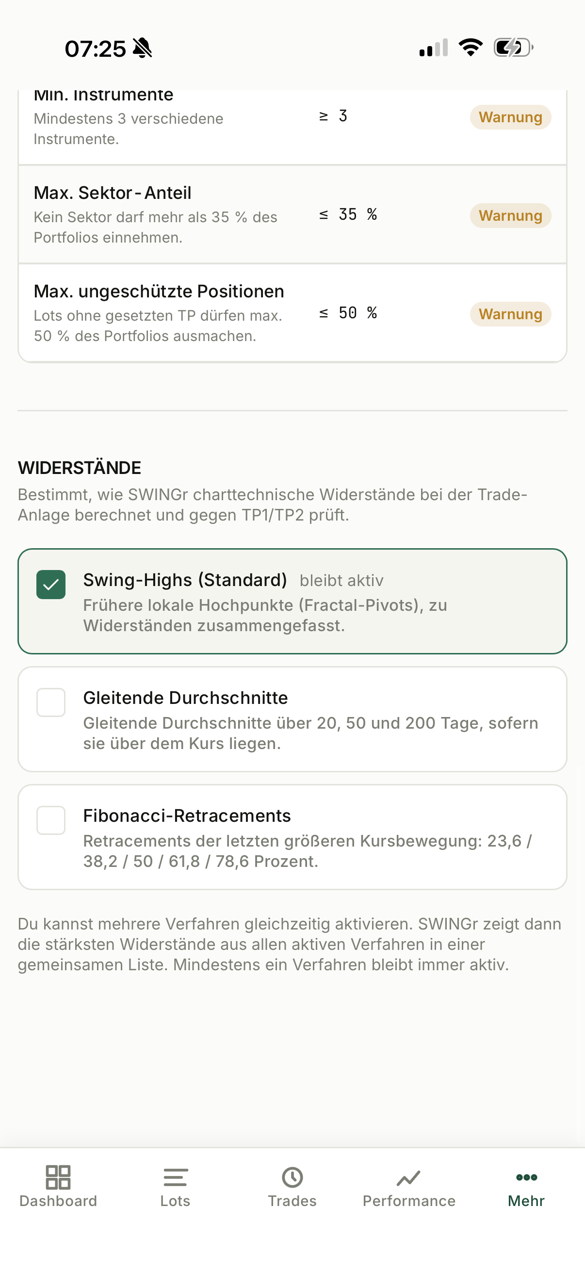Abschnitt Widerstände in den SWINGr-Einstellungen mit den drei zuschaltbaren Verfahren Swing-Highs, Gleitende Durchschnitte und Fibonacci-Retracements