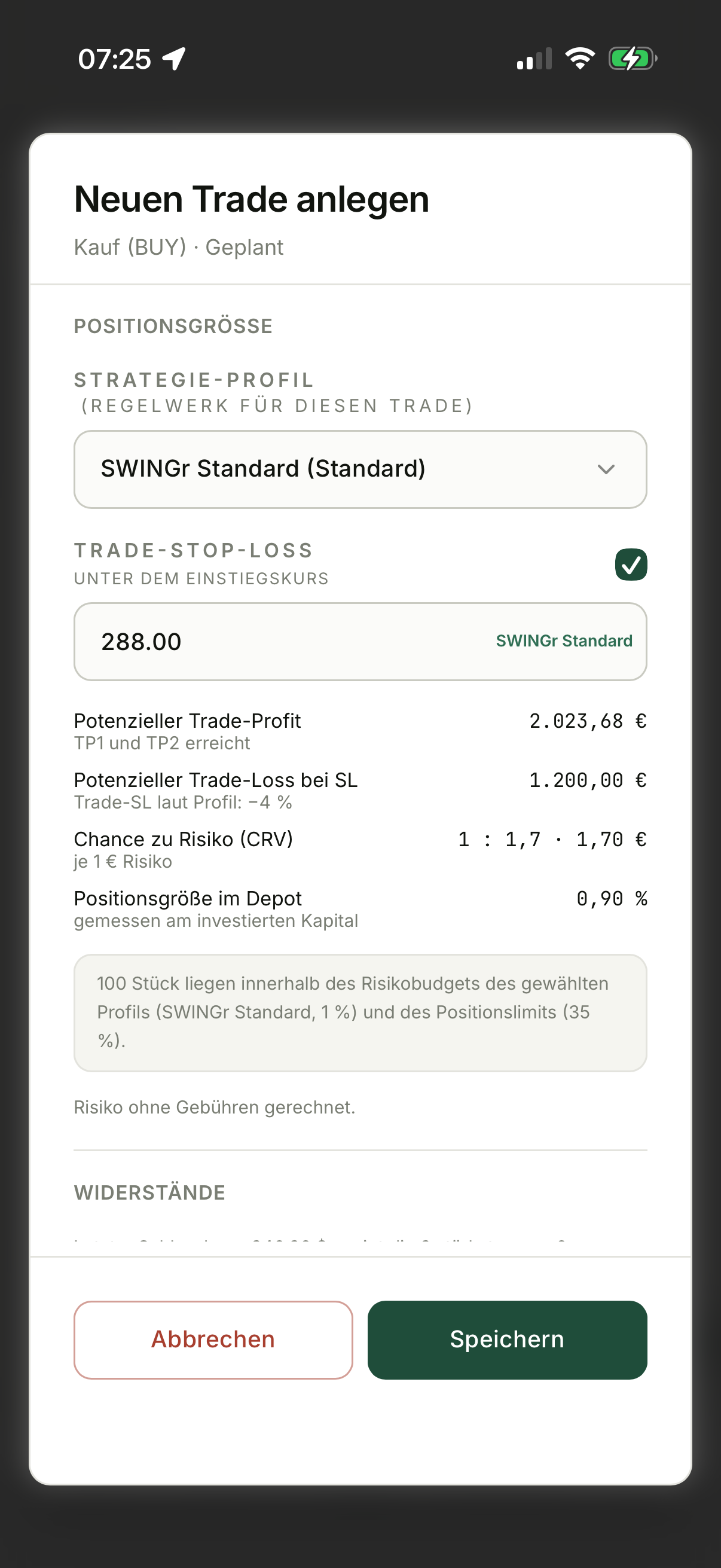 Hinweis unter dem TP1-Block im SWINGr-Trade-Formular, der TP1 gegen den nächsten Widerstand einordnet