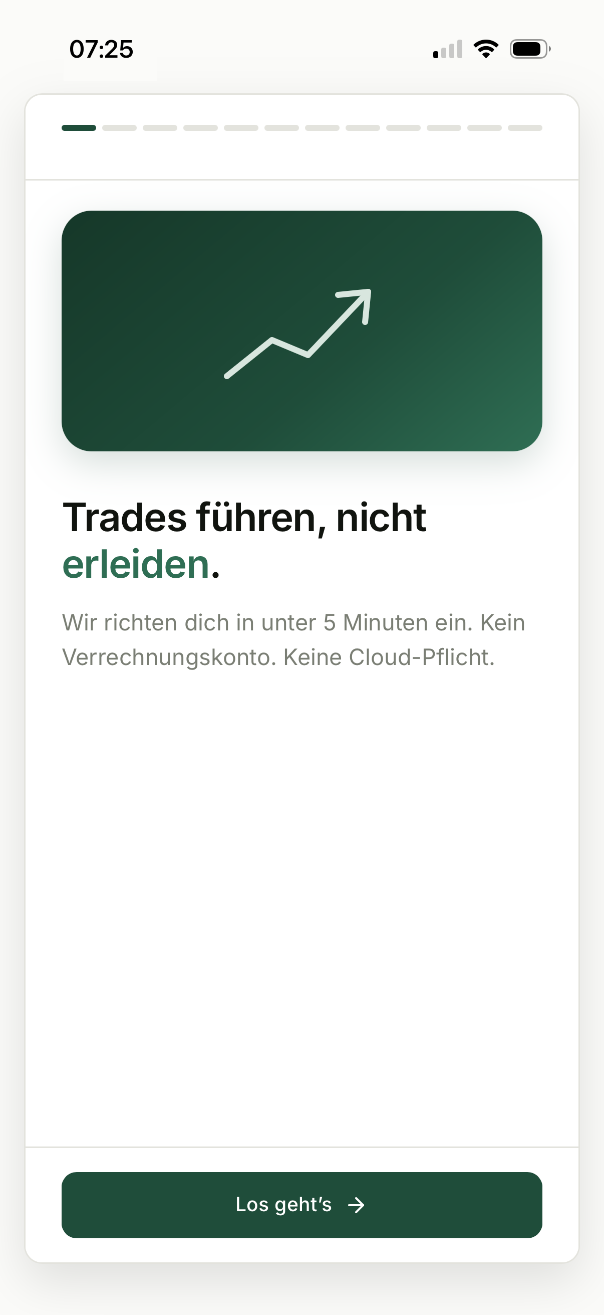 Ersteinrichtung, Schritt 1: Willkommen, App öffnen, kein Konto, keine Anmeldung.