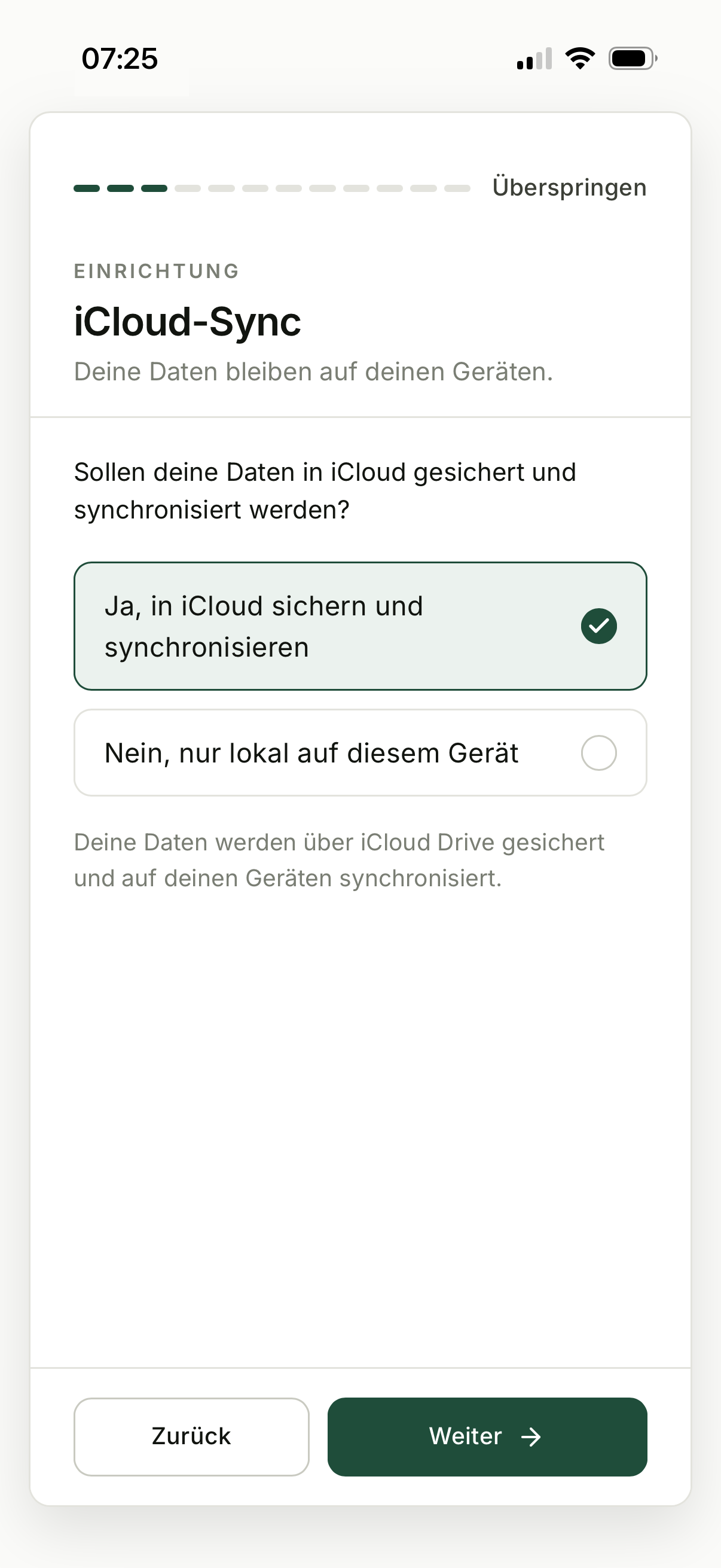 Ersteinrichtung, Schritt 2: iCloud, Entscheide, ob deine Daten zwischen deinen Geräten abgeglichen werden.