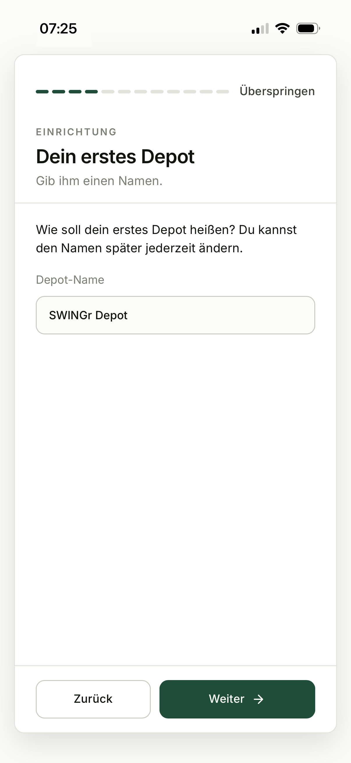 Ersteinrichtung, Schritt 3: Depot, Gib deinem ersten Depot einen Namen.