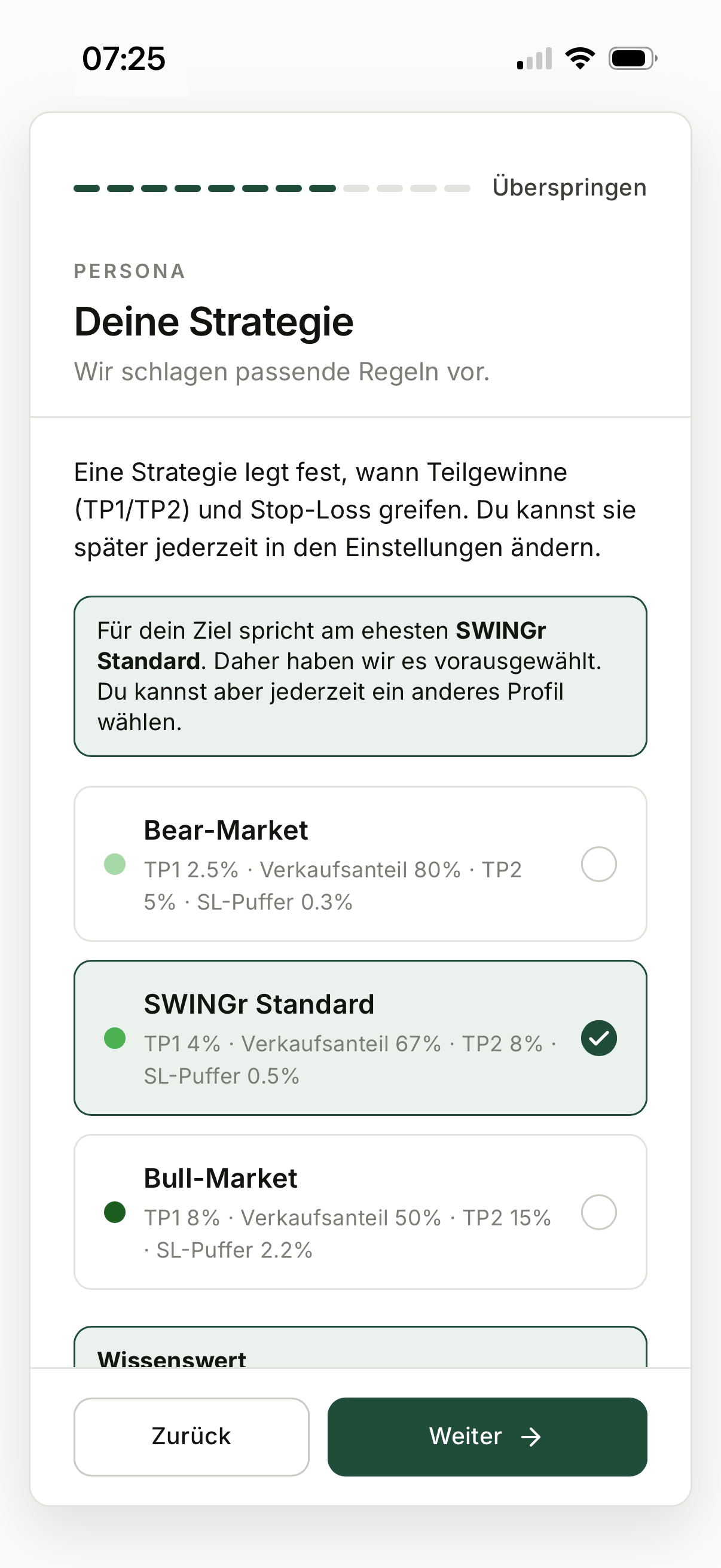 Ersteinrichtung, Schritt 4: Strategie, SWINGr schlägt dir passende Regeln vor.