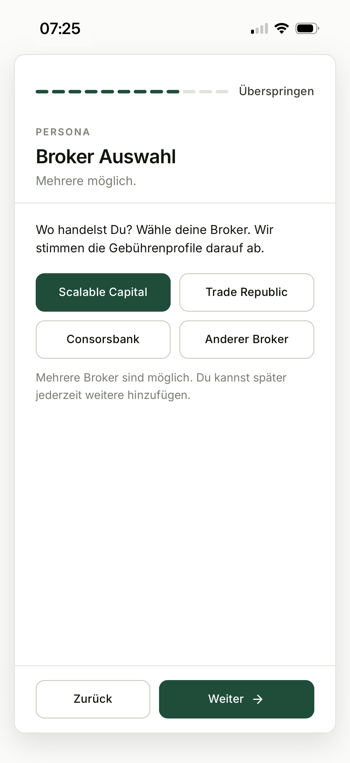 Ersteinrichtung, Schritt 5: Broker, Wähle deine Broker, auch mehrere.