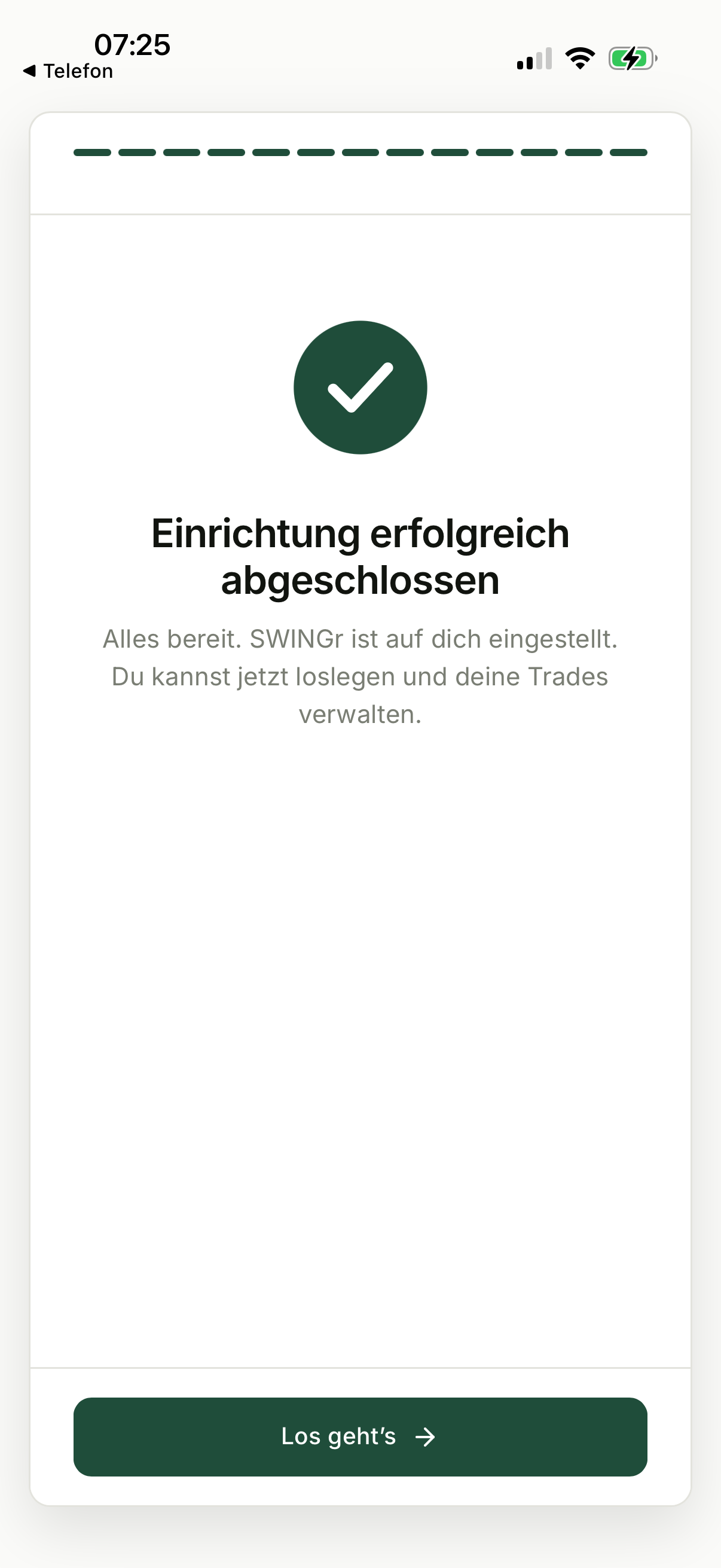 Abschlussbildschirm der SWINGr-Ersteinrichtung mit der Bestätigung Einrichtung erfolgreich abgeschlossen